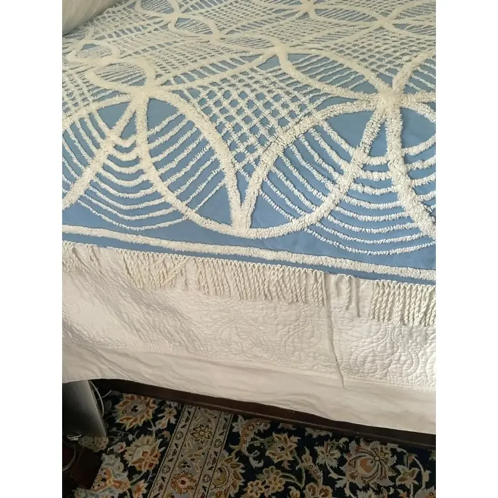 Vintage Blue White Chenille Bedspread 90x96 Full Queen Cottagecore Shabby Chic